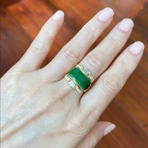 14K Solid Real Gold Green Jade Women Ring